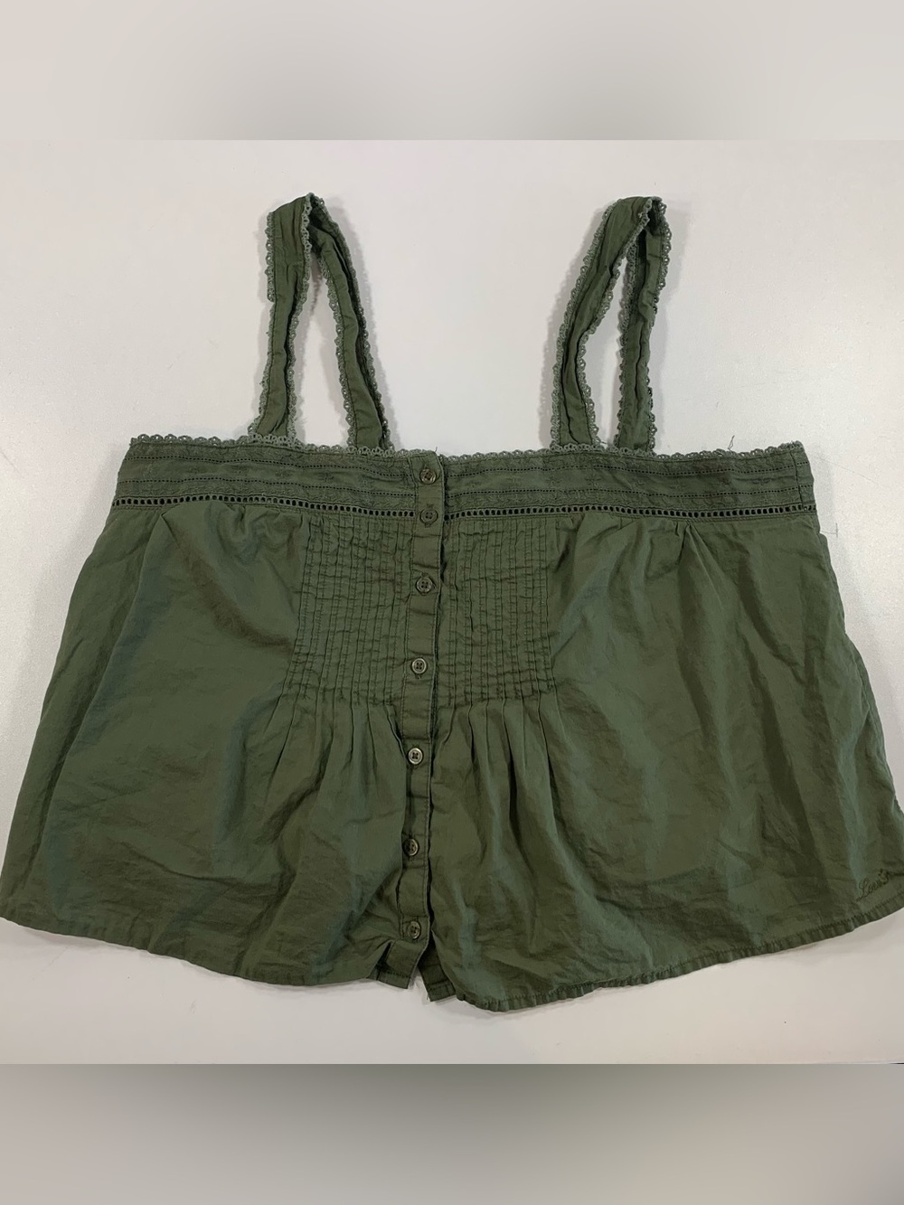 Levi’s Cropped Tank Top Cici Small Green Lace Trim Pleated Buttons Boho Festival